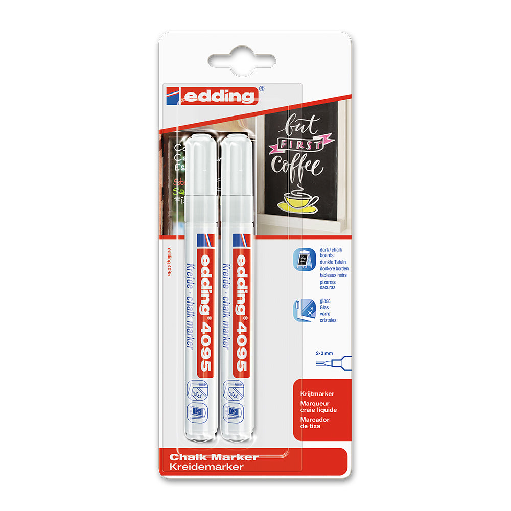 Marker Edding 4095 cu creta lichida, varf 2-3 mm, alb, 2 bucati/blister Marker Edding 4095 cu creta lichida, varf 2-3 mm, alb, 2 bucati/blister